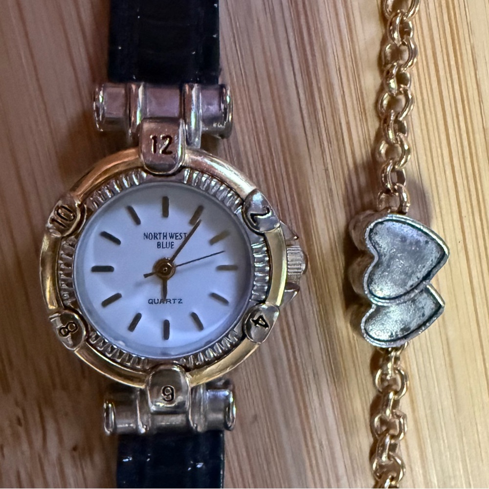 Two Tone Vintage Watch & Bracelet Set Black Leather Handmade
 Gift Ready